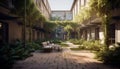 A modern building exterior with a formal garden and courtyard generated by AI Royalty Free Stock Photo