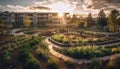 A modern building exterior stands tall in a formal garden generative AI