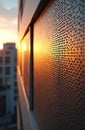 Modern building facade with perforated aluminum panels reflects warm sunset light. Geometric pattern creates abstract texture on Royalty Free Stock Photo