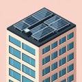 A modern building with a flat rooftop features multiple solar panels. The structure has Royalty Free Stock Photo