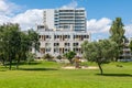 Modern building in the garden of Troia covered with green trees, Grandola municipality, Portugal