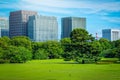 Modern building with green garden on blue sky background in