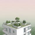 Modern building with a green rooftop garden. Rectangular planters hold various plants Royalty Free Stock Photo