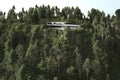 Modern building house with terrace and swimming pool on beautiful mountains, green forest panoramic view. Minimalism architecture