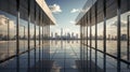 Modern building interior with reflective floor, large windows showcasing a stunning cityscape under a partly cloudy sky Royalty Free Stock Photo