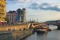 Modern building, known as the Dancing House, designed by Vlado Milunic and Frank O. Gehry. Summer evening