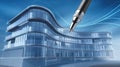 Modern Building Design is Outlined With a Silver Pen on a Light Blue Background Royalty Free Stock Photo