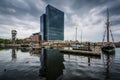 Modern building and marina in Harbor East, Baltimore, Maryland.