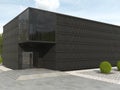 The modern building is monochrome black and rectangular shape. Facade with covered terrace and copy space. 3D rendering