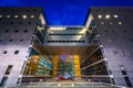 Modern building at night, at La DÃÂ©fense, in Paris, France. Royalty Free Stock Photo