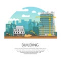 Modern Building. Process of Pouring Concrete. Vector banner construction and concreting. Royalty Free Stock Photo