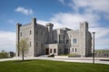 a modern building with sleek lines and minimal details contrasted against a classic castle with intricate carvings