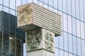 Modern building of Supreme Court of Poland, head of column with symbol of the weight of the goddess of justice, Warsaw, Poland