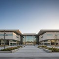 Modern building with symmetrical architecture features a wide entrance and large