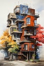 modern building in watercolor design