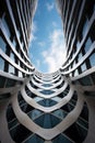 Modern building with wavy futuristic exterior design, low angle view of abstract curve lines and sky. Geometric facade with glass