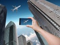 Modern buildings with airplane Royalty Free Stock Photo