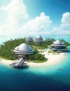 Modern Buildings Amidst Ocean and Sky with Futuristic 3d Domes