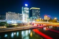 Modern buildings and bridge over the Danube Canal at night, in V Royalty Free Stock Photo