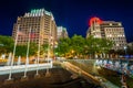 Modern buildings and metro station at night, in downtown Bethesda, Maryland