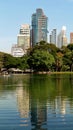 Modern buildings reflect in a small lake in Bangkok