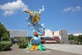 Modern buildings, shopping in the city centre with a modern Art Mermaid sculpture in the foreground, Saint Nazaire, France.