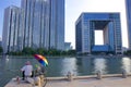 Fishing on the River promenade in Tianjin city, China