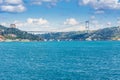 Modern builings and Rumelian Castle, and Fatih Sultan Mehmet Bridge across the Bosphorus strait in Istanbul Turkey from ferry on a Royalty Free Stock Photo