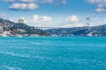 Modern builings and Rumelian Castle, and Fatih Sultan Mehmet Bridge across the Bosphorus strait in Istanbul Turkey from ferry on a Royalty Free Stock Photo