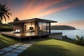 Modern bungalow by the sea in the evening