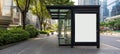 The modern bus stop with a blank advertisement space in an urban setting. AI generated image Royalty Free Stock Photo