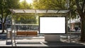 Modern bus stop with wooden benches and advertisement board Royalty Free Stock Photo