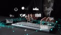 Modern Business Analytics and Data Visualization Concept with Hands Typing on Keyboard Surrounded by Digital Charts and Royalty Free Stock Photo