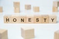 Modern business buzzword - honesty. Word on wooden blocks on a white background