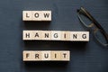 Modern business buzzword - low hanging fruit. Top view on wooden table with blocks. Top view