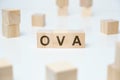 Modern business buzzword - OVA. Word on wooden blocks on a white background