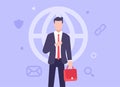 Modern business concept. A man in a business suit stands with a briefcase in his hands and straightens his jacket. Web banner.