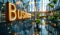 Modern business concept with Business text illuminated on a glass window against a blurred background of an upscale corporate Royalty Free Stock Photo