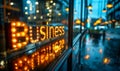 Modern business concept with Business text illuminated on a glass window against a blurred background of an upscale corporate Royalty Free Stock Photo