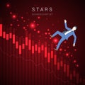 Modern business decline chart vector with a businessman falling down and stars on dark red background. Royalty Free Stock Photo