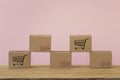 Modern business, E- commerce and online shopping concept : Arrange cardboard boxes for packing of goods with icon. International