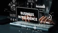 Modern Business Intelligence Concept with Data Analysis and Technology Graphics on Keyboard Background. Asymptotic smart Royalty Free Stock Photo