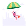 Modern Business Lady with Briefcase in Hand Flying with Parachute on City Skyline Background. Brave Business Idea