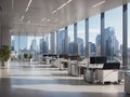 Modern business office building inside with tables and computers with luxury skyline in highly detailed Royalty Free Stock Photo
