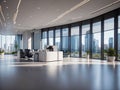 Modern business office building inside with tables and computers with luxury skyline in highly detailed Royalty Free Stock Photo