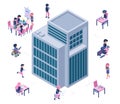 Modern business office. Isometric building and business people. Vector young men and women work, start up team Royalty Free Stock Photo