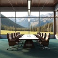 Modern Business Office, a long table with chairs, no people. Board of Directors. A view of the mountains. Royalty Free Stock Photo