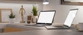 Modern business people home working space with two blank screen laptop mockup, 3d rendering Royalty Free Stock Photo