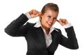 Modern business woman closing ears with fingers