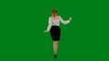 Portrait of attractive office girl on chroma key green screen. Woman in skirt and blouse walking cutely. Back view.